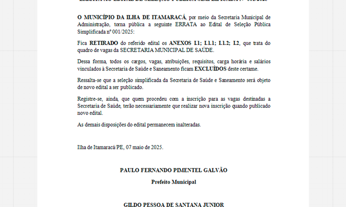 ERRATA – SELEÇÃO SIMPLIFICADA 001/2025