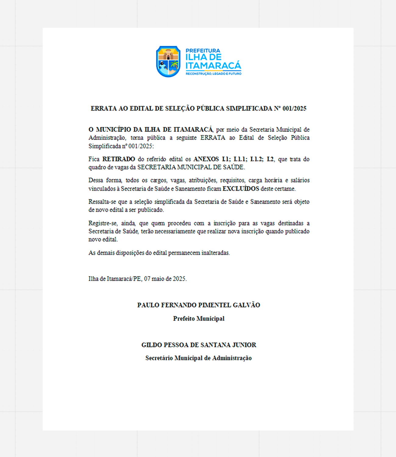 ERRATA – SELEÇÃO SIMPLIFICADA 001/2025